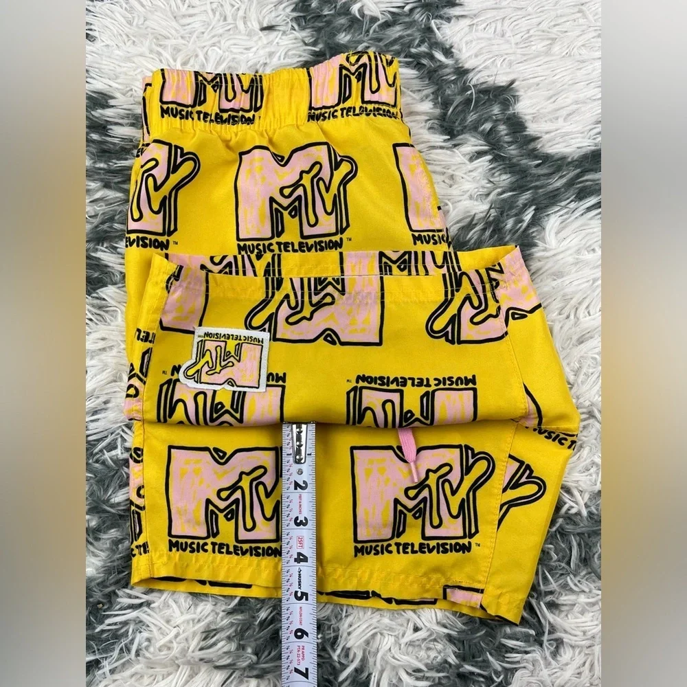 MTV Men's Yellow Pink Swim Trunks Logo Print Size Medium No Lining